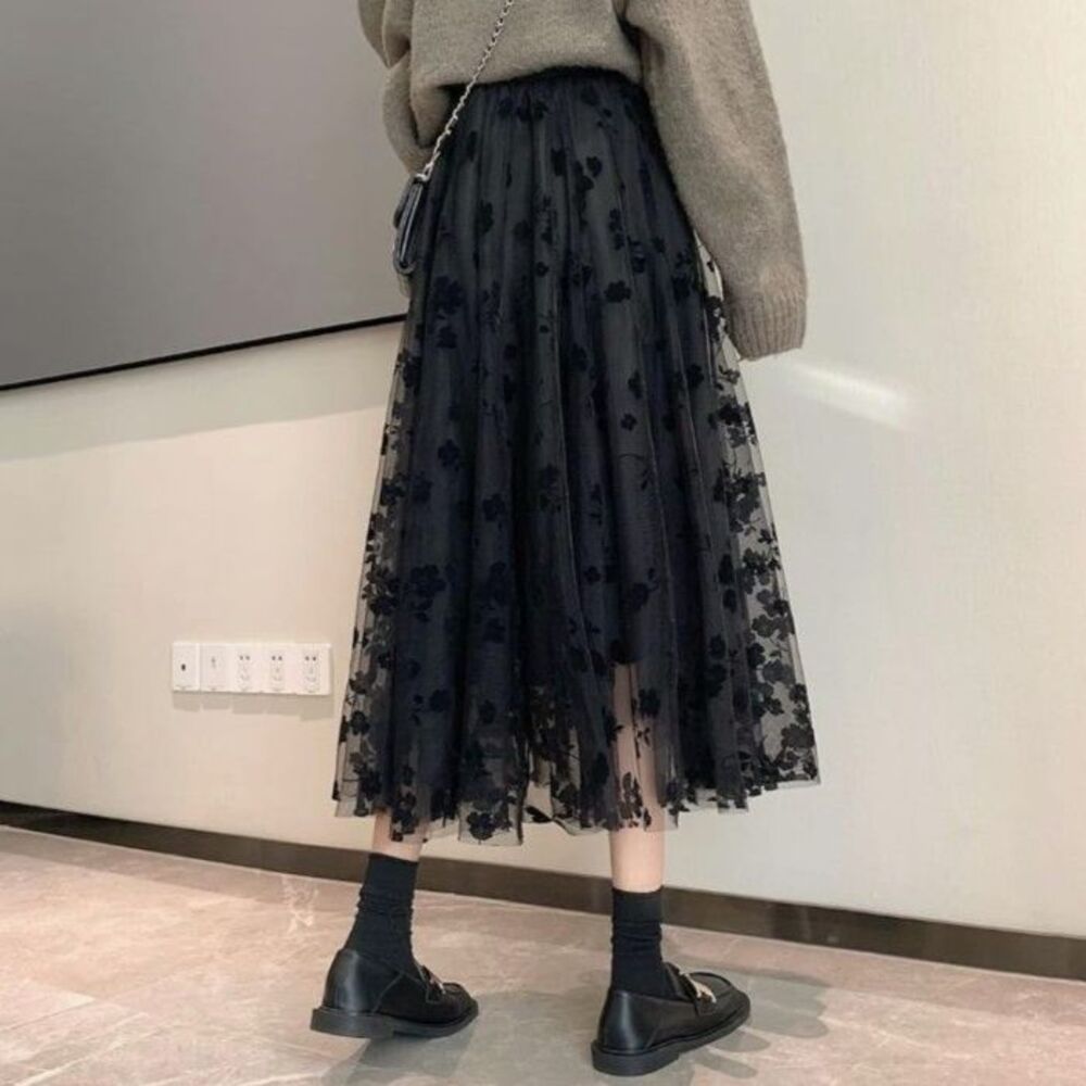 Black Tulle Mesh Floral Flocked Midi Skirt Elastic Waist - No Size Tag